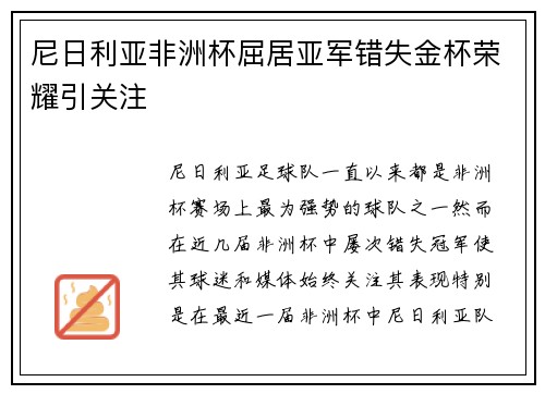 尼日利亚非洲杯屈居亚军错失金杯荣耀引关注